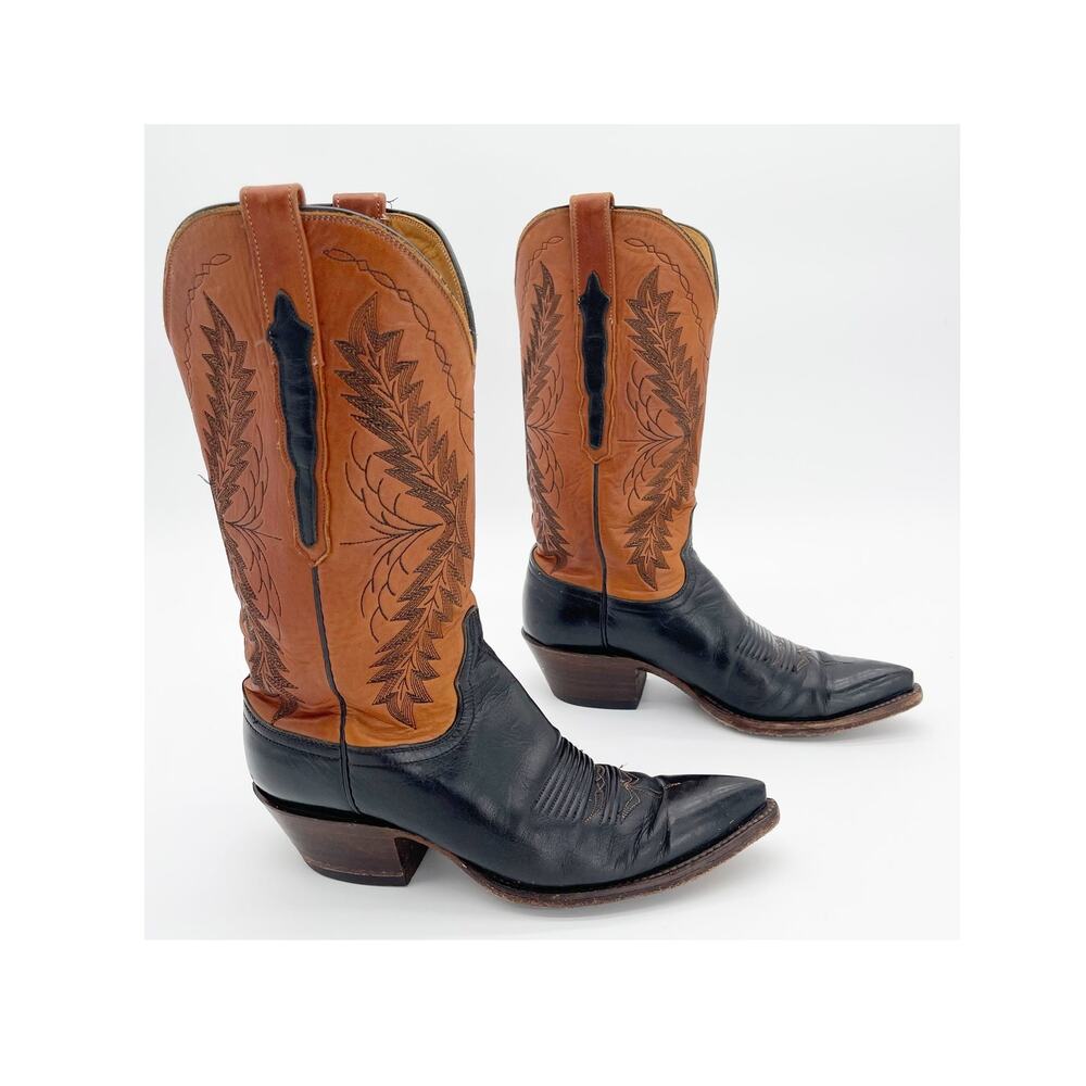 Lucchese Classics Vintage Women's 7 Black Cognac Two Tone Western Cowgirl Boots
